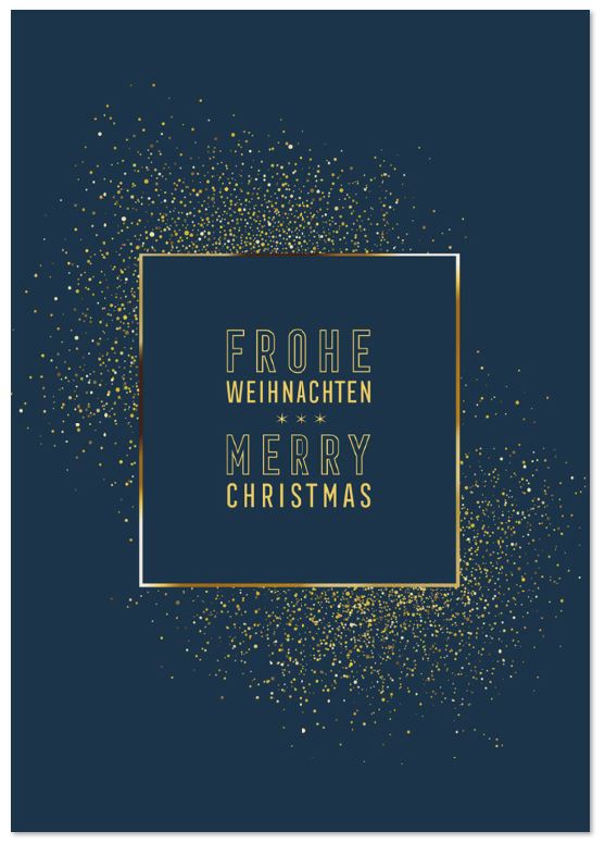 Dunkelblaue Weihnachtskarte mit deutsch-englischem Weihnachtsgruß und edler Goldprägung