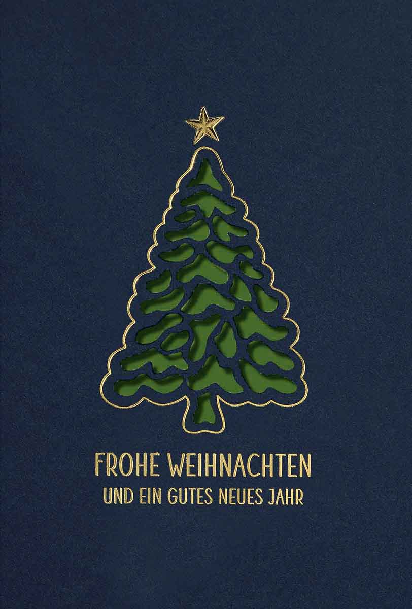 Blaue Weihnachtskarte mit dunkelgrünem Einlegeblatt, Stanzung und eldler Goldfolienprägung