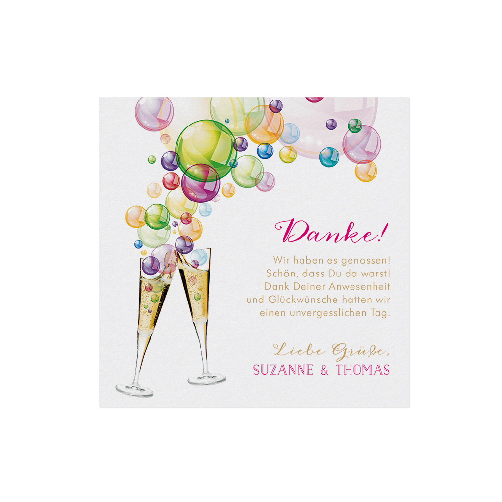 Farbenfrohe Save the Date Karte / Dankkarte mit Sektgläsern und bunten Bubbles für Party