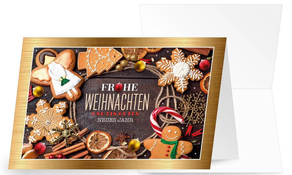 Traditionelle Weihnachtskarte mit leckeren Plätzchen und weihnachtlichen Grüßen