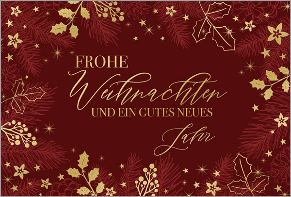 Festliche Einladungskarte in rot mit Goldfolienprägung von Weihnachstgruß, Sternen und Zweigen