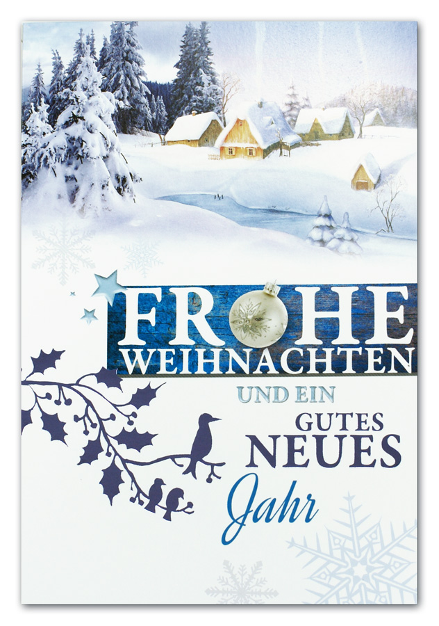 Weihnachtskarte mit verschneitem Dorf zwischen Fluss und Wald und Weihnachtsgruß