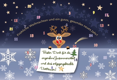 Adventskalenderkarte mit lustigem Rentier und 24 Türchen zum Öffnen in der Adventszeit