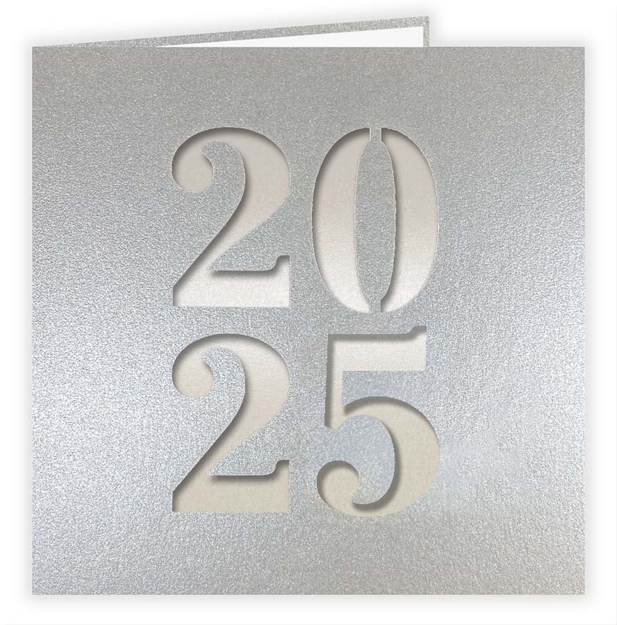 Neujahrskarte silber "Glamour" Metallic mit Jahreszahl 2025 Stanzung und permuttfarbenem Einlegeblatt