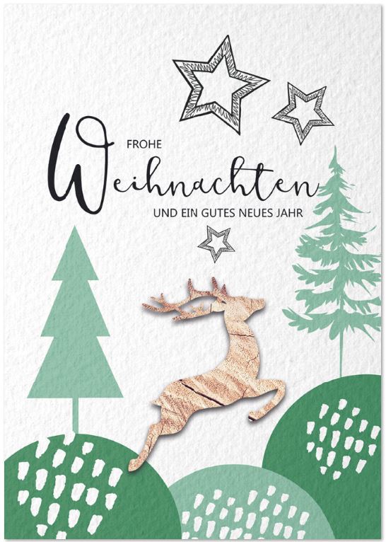 Weihnachtskarte mit Hirsch aus Echtholz, Weihnachtsgruß und Sternen, inkl. Einlegeblatt