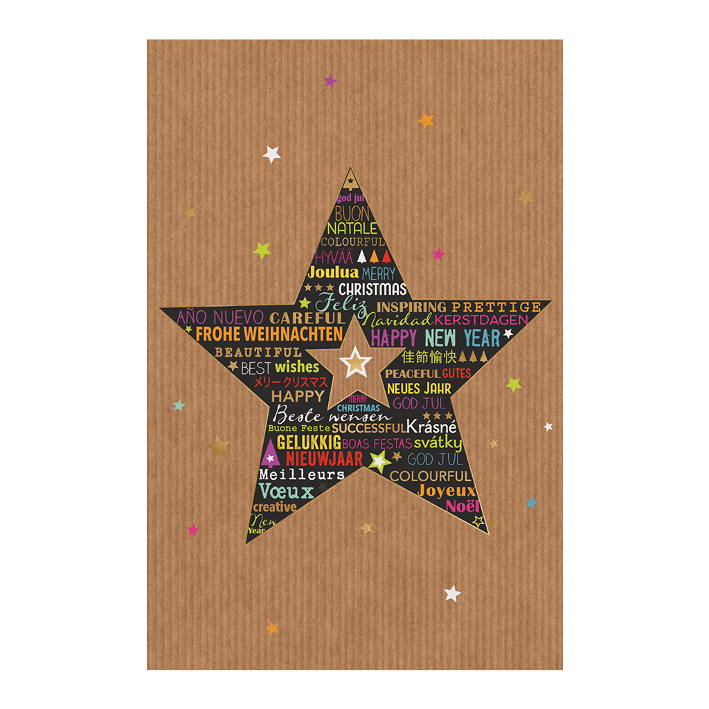 Weihnachtskarte Stern mit bunten, internationalen Grußworten auf Packpapier-Druck