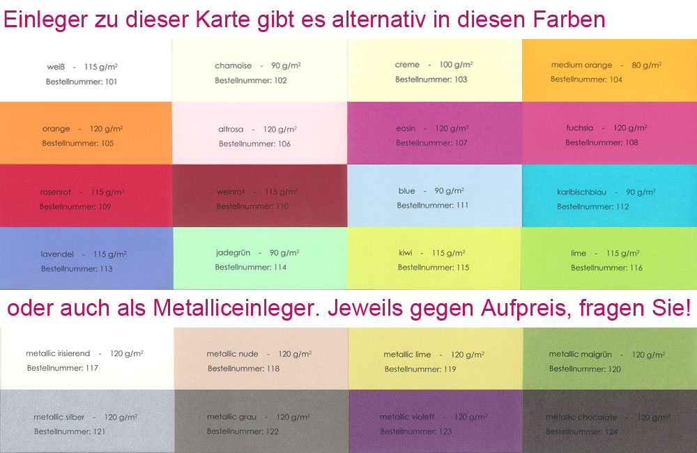 Wählbare Einleger in verschiedenen Farben für Einladungskarte