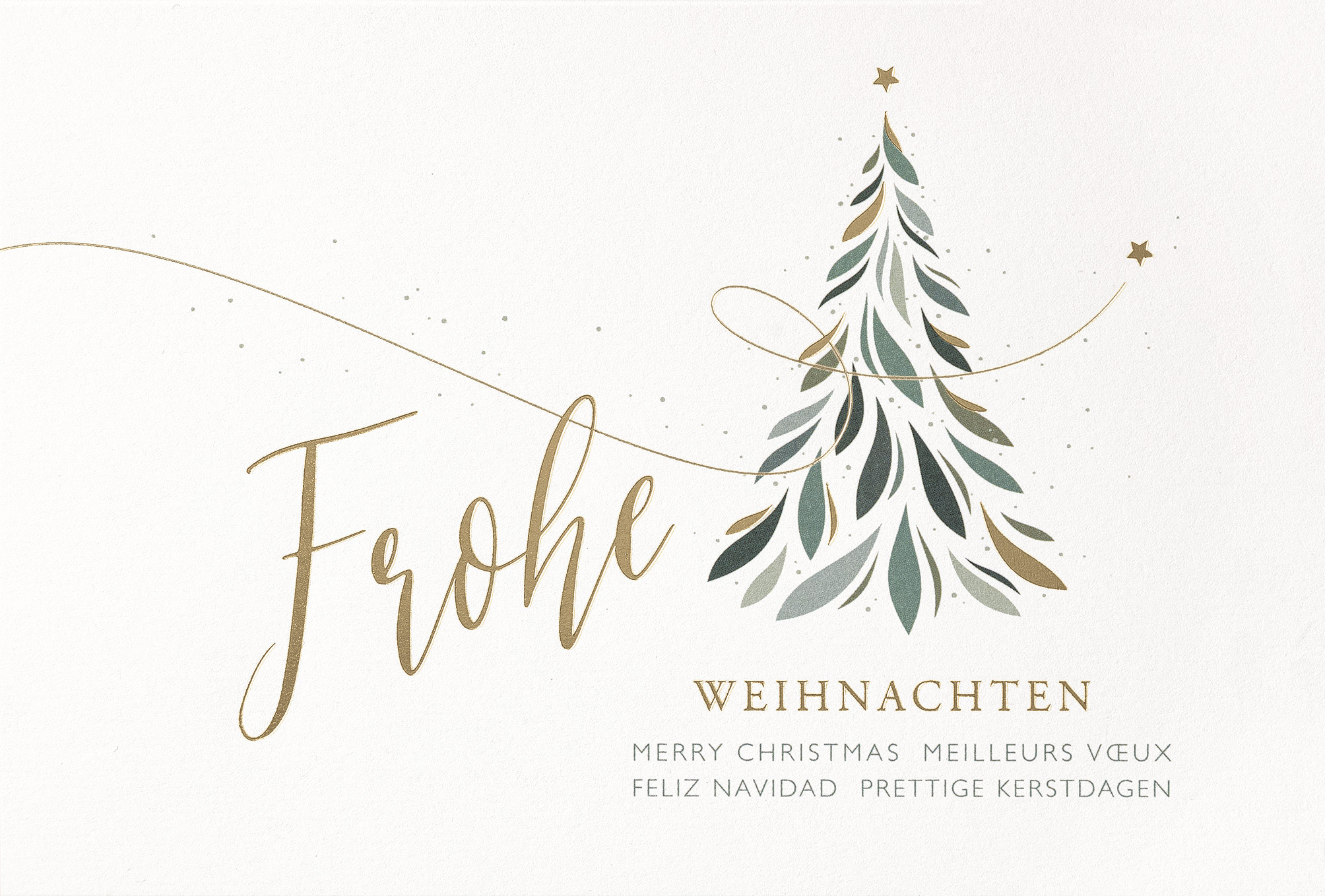 Weiße Weihnachtskarte mit internationalen Grüßen, Goldfoliendruck und grünem Baum mit Sternen