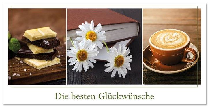 Glückwunschgrußkarte mit Schokoloade, leckerem Cappuccino und weißen Margeriten, DIN lang