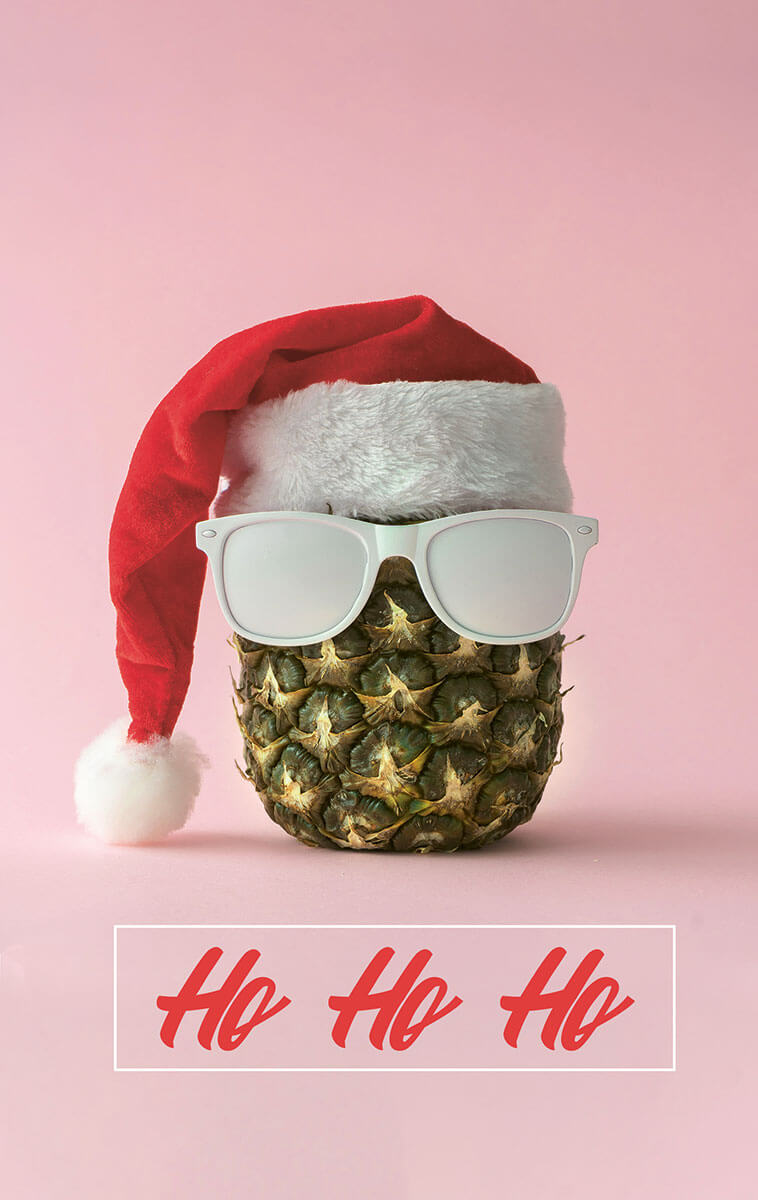 Originelle Weihnachtskarte "Ananas Hippster" mit Ho Ho Ho und verkleideter Ananas