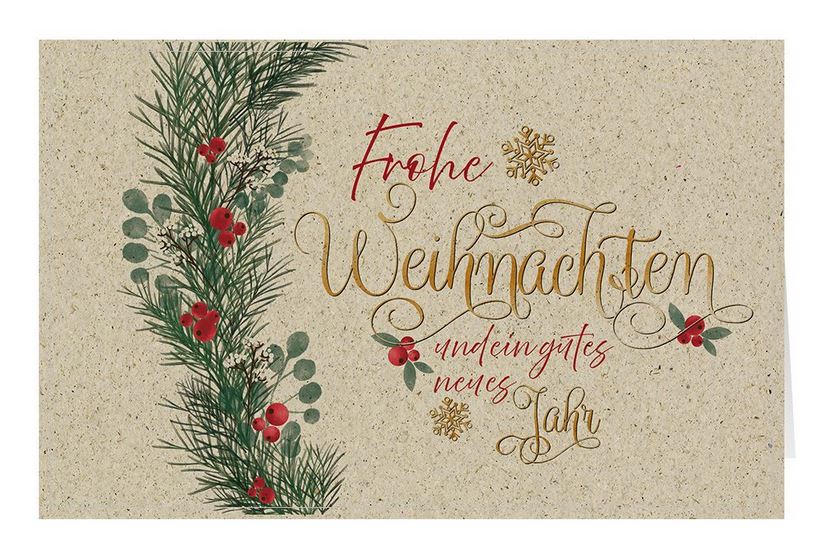 Graspapier-Weihnachtskarte mit floralem Druck und Weihnachtsgruß im klassischen Stil