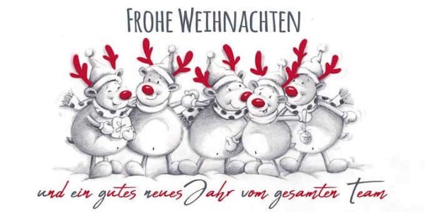 Lustige Team-Weihnachtskarte &quot;Hand in Hand&quot; mit Rentieren im DIN lang