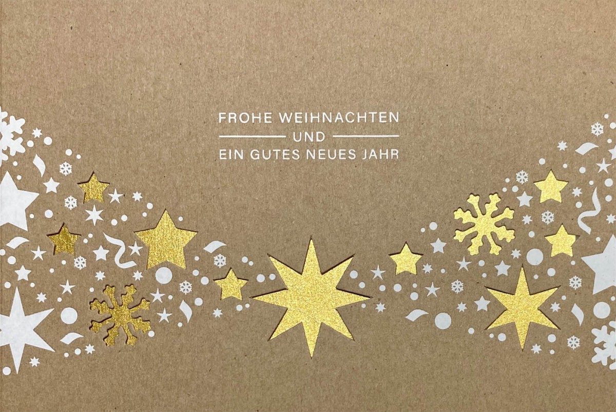 Formgestanzte Weihnachtskarte in braun mit Sternen und goldenem