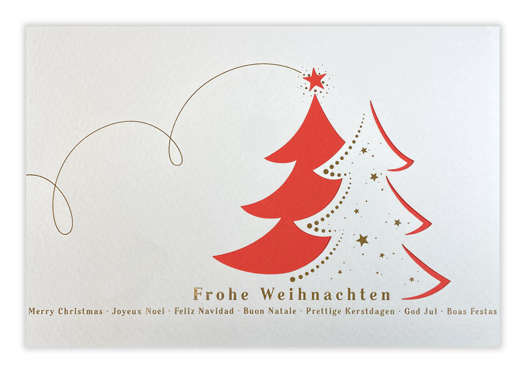 Weihnachtliche Stanzkarte in weiß mit rotem Einlegeblatt und