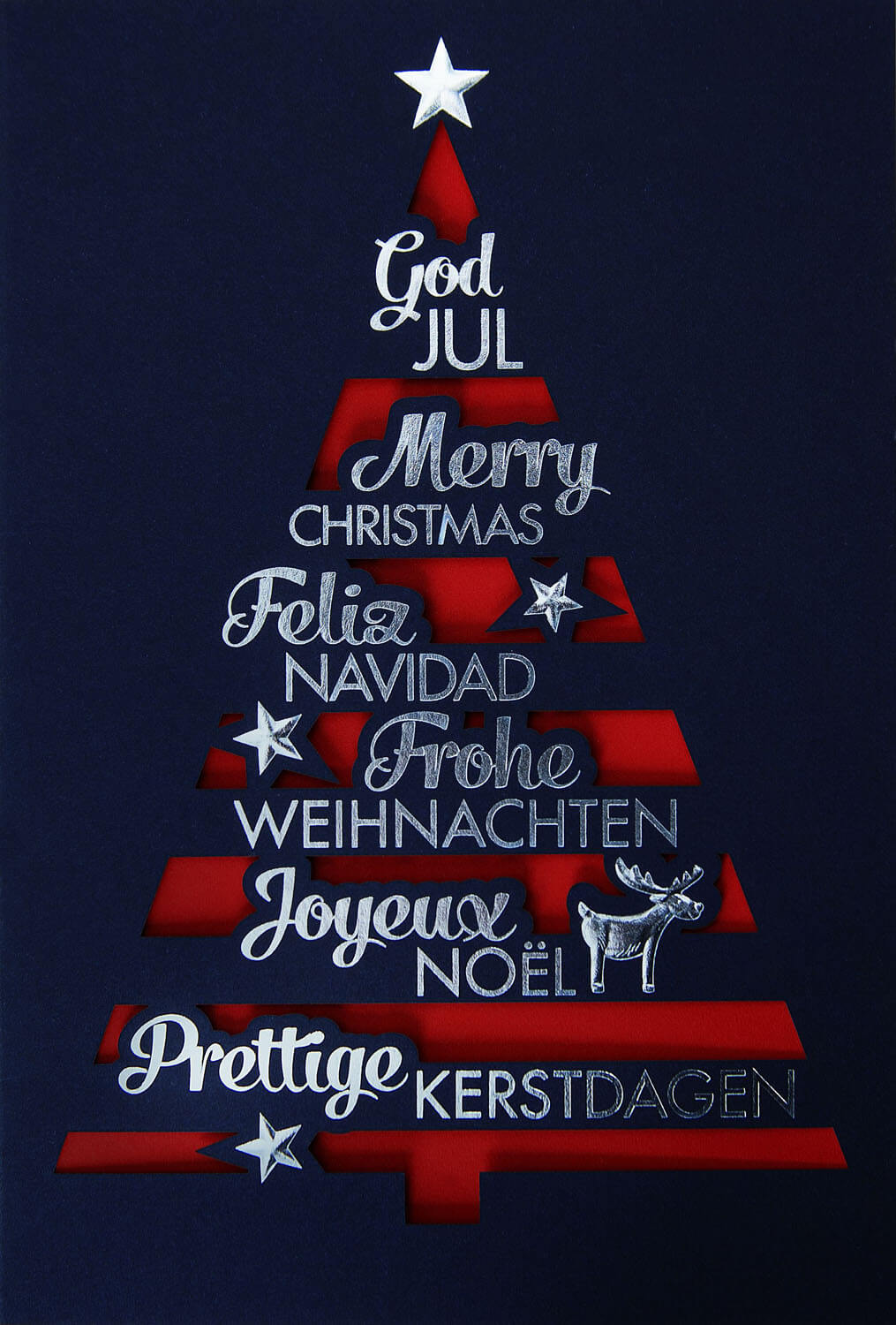 Weihnachtskarte in nachtblau mit gestanztem Weihnachtsbaum