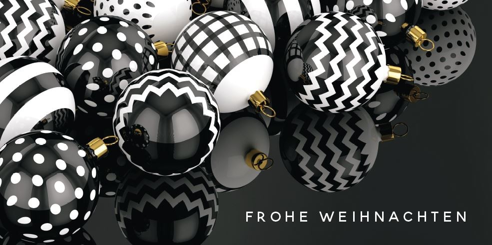 Moderne Weihnachtskarte schwarz-weiß mit Kugeln und "Frohe Weihnachten