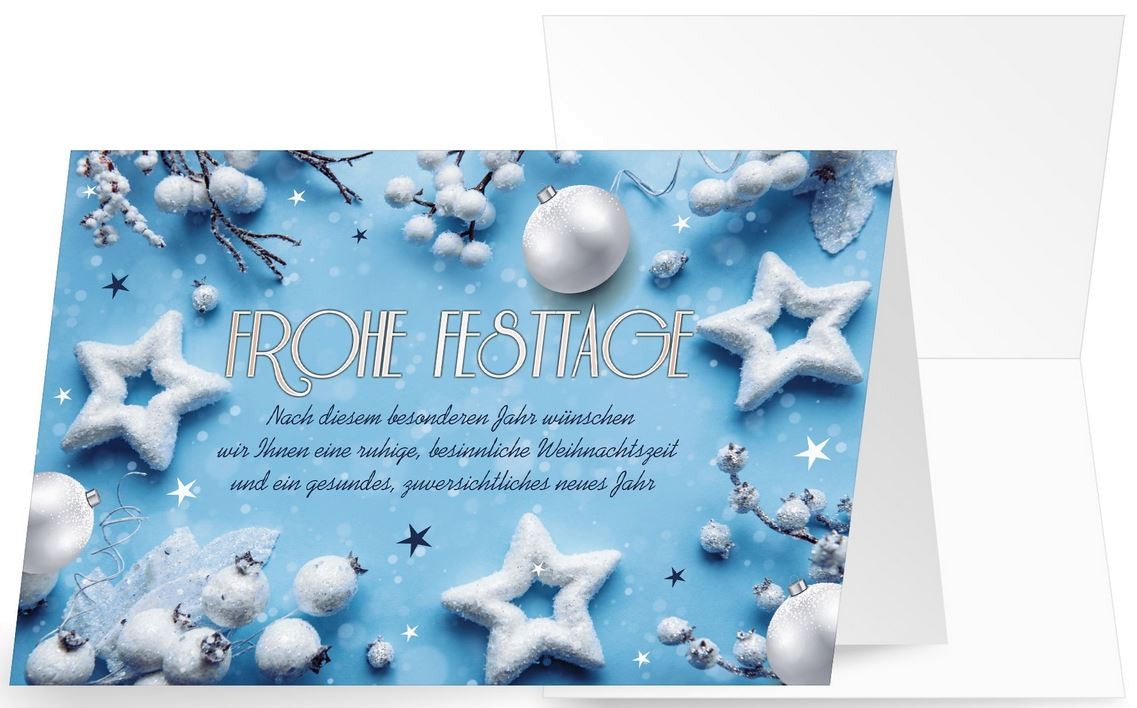 Hellblaue Firmenweihnachtskarte "Stars And Christmas Ball" Mit ...