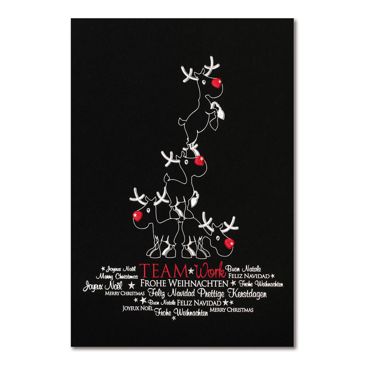 Weihnachtskarte schwarz mit lustigen Rentieren und internationalen