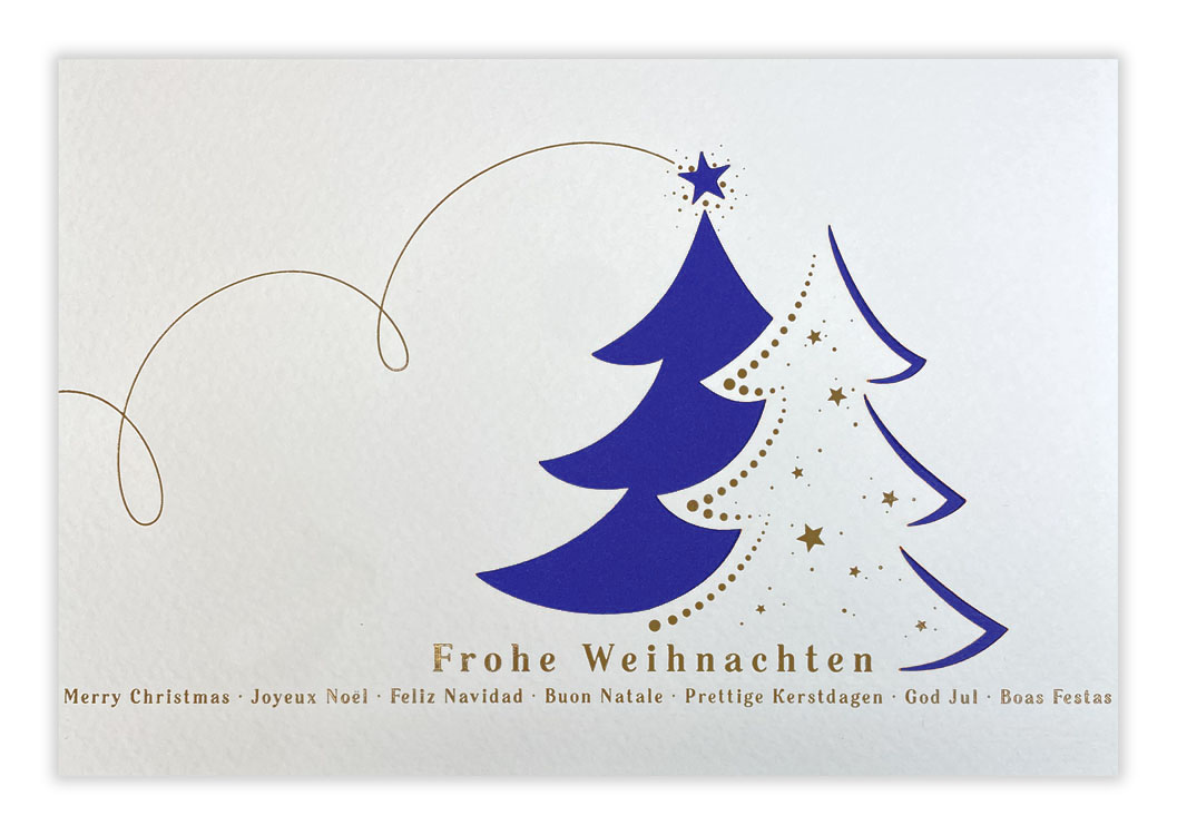 Weiße Weihnachtskarte mit internationalen Grüßen, Stanzung und blauem