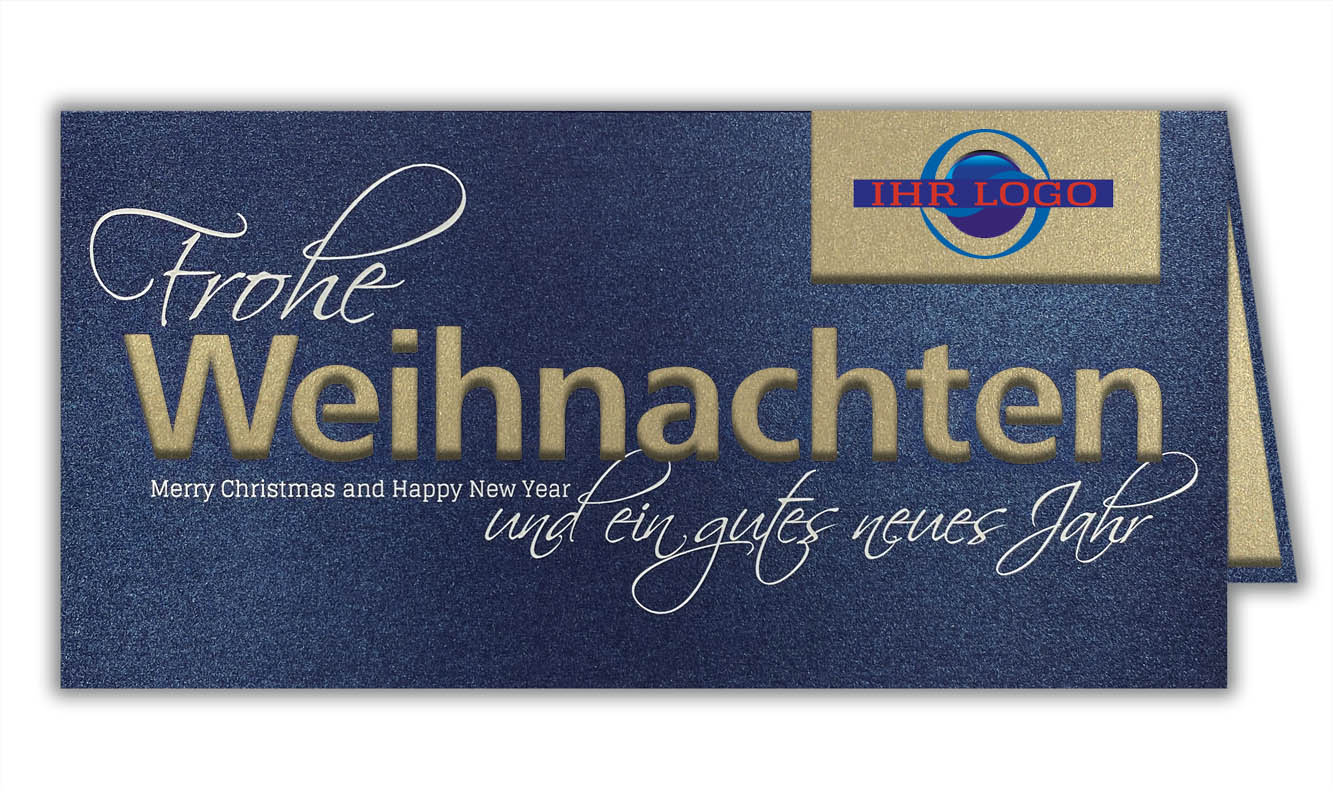 Dunkelblaue Weihnachtskarte mit FirmenLogo Stanzung und goldenem