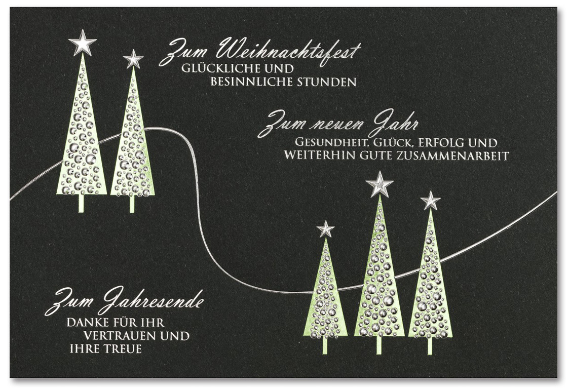 Weihnachtskarte grau grün silber mit Weihnachtsbäumen und