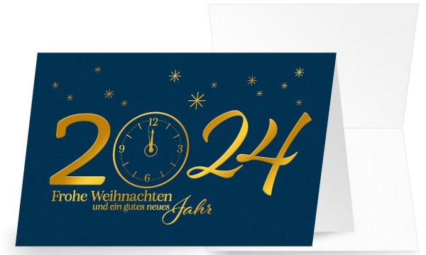 Blaue Folienprägekarte mit Jahreszahl 2024 und weihnachtlichen Grüßen 