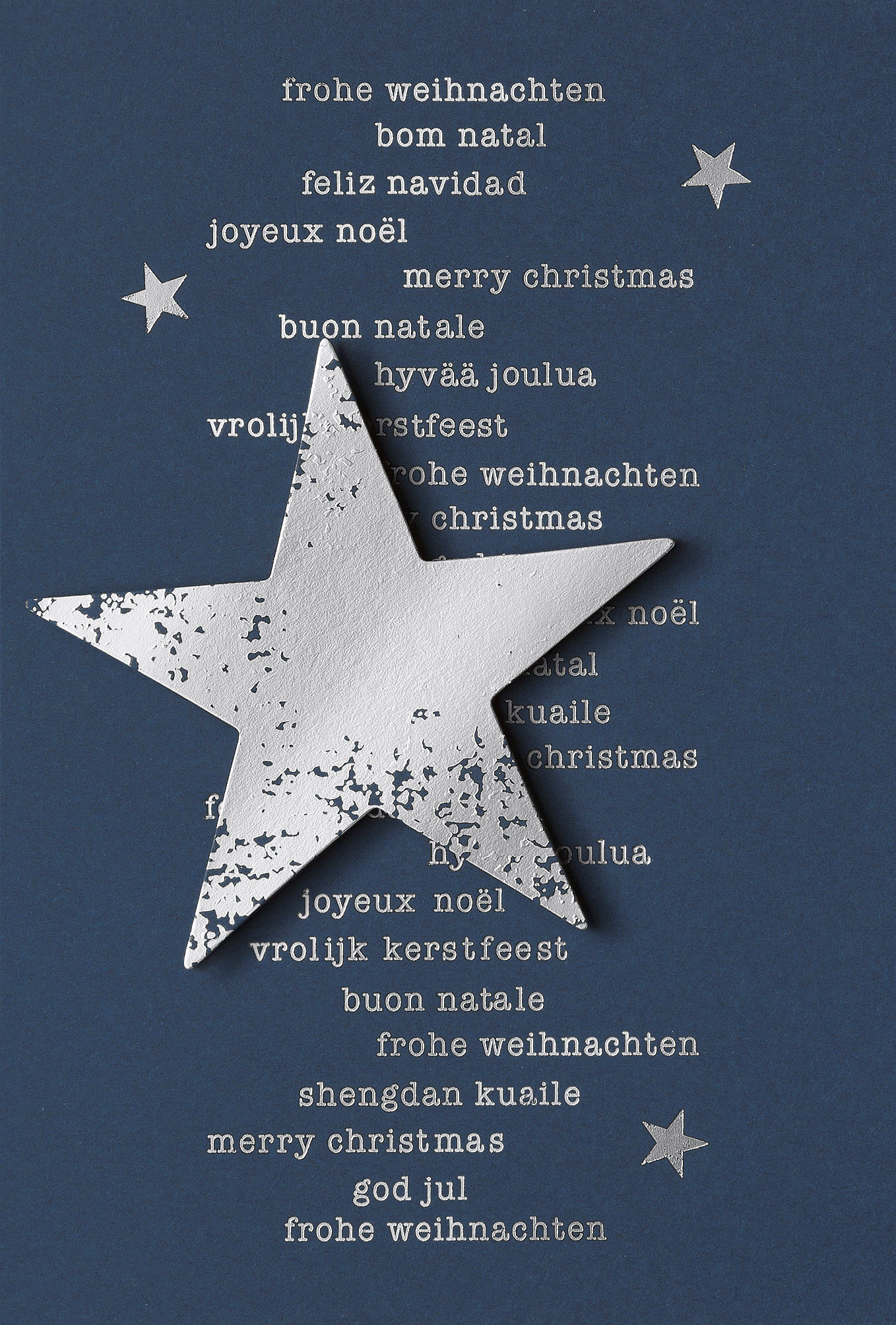 Dunkelblaue Weihnachtskarte mit silbernem Stern und mehrsprachigen
