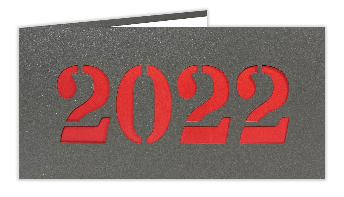 Aktuelle Farben Weihnachten 2022 Neujahrskarte anthrazitgrau metallic mit Laserstanzung 2022 und rotem