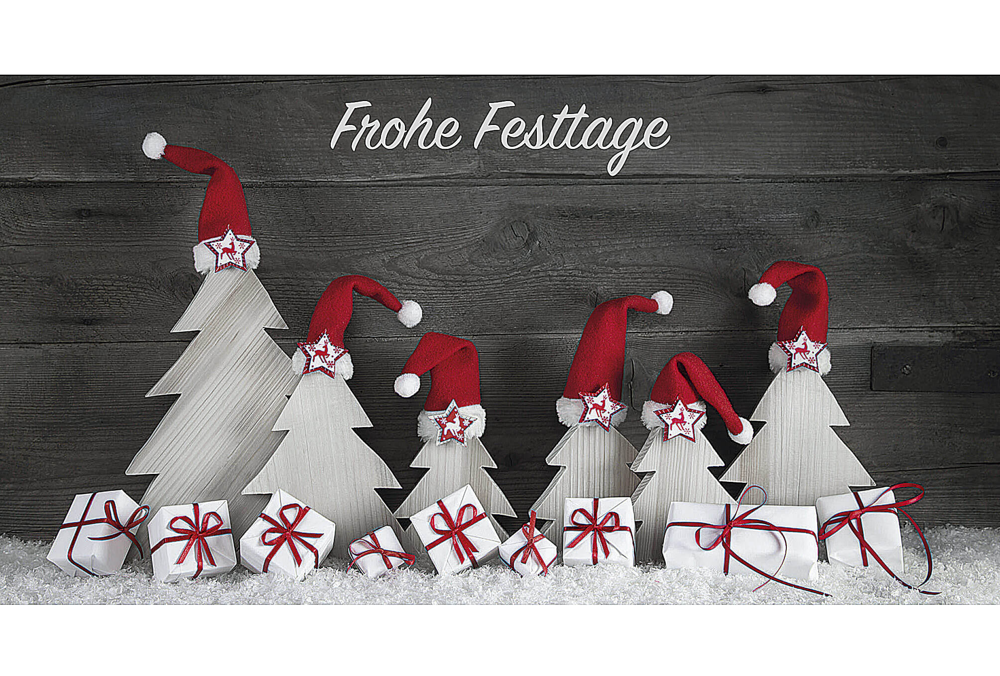 Lustige Festtagskarte mit roten Weihnachtsmützen, Geschenken und Bäumen