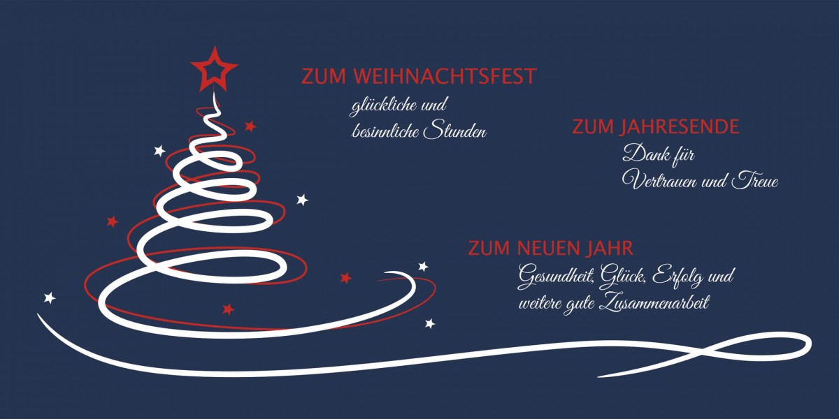 Geschäftliche Weihnachtskarte mit Weihnachtsbaum und Firmengrüßen blau